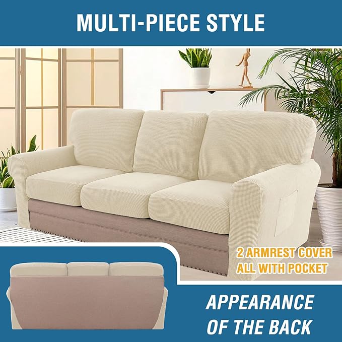 H.VERSAILTEX Multi-Pieces Sofa Covers Stretch Couch Covers Form Fitted Seats and Back Cushions Covers (3 Seat Covers Plus 3 Back Cusion Covers, Bonus 2 Armrest Covers), Natural