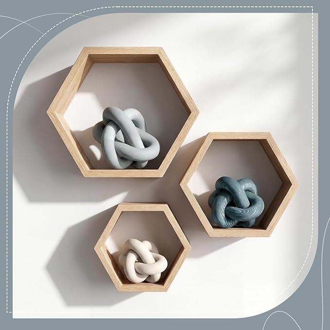 3 Pack Wooden Knot Decorations 3 Color Set Coordinated Boho Nautical Home Decor for Shelf, Wall, Tabletop, Sizes 3.94", 4.72", 5.91"(Gradient Blue)
