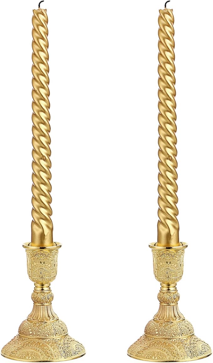 OwnMy 2PCS Brass Taper Candle Holders Candle Stick Holders Set Vintage Metal Pillar Candlestick Holders, 4”H Elegant Candle Stand Candelabra for Dining Table Centerpieces Wedding Home Decoration, Gold