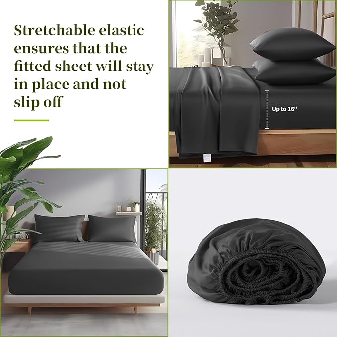 Shilucheng 100% Viscose Derived from Bamboo_ Sheets Cal King Size 6pcs - Ultra Cooling & Silky Soft Bed Sheets, 16" Deep Pocket, Perfect for Hot Sleepers, Hotel Bedding Sheets (Black)