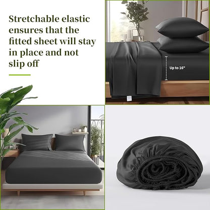 Shilucheng 100% Viscose Derived from Bamboo_ Sheets King Size 6pcs - Ultra Cooling & Silky Soft Bed Sheets, 16" Deep Pocket, Perfect for Hot Sleepers, Hotel Bedding Sheets (Black)