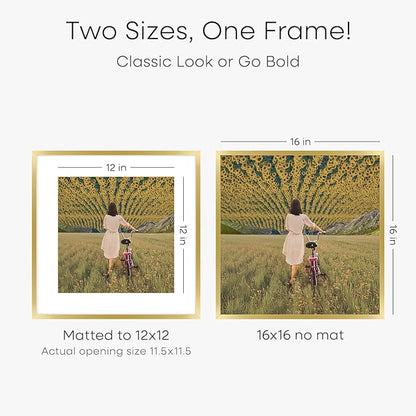 Homeforia 16x16 Picture Frame Gold, High End Metal 16 x 16 Square Poster Frame with Mat 12 x 12 Photo, 16x16 Frame Matted to 12x12 Print, 16by16 Gold Hanging Frames, Tempered Glass, Wall Kit, Set of 2