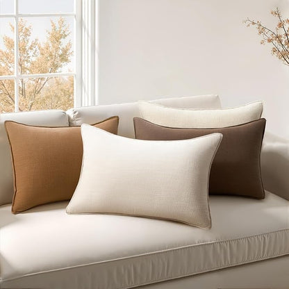 Linen Soild Decorative Pack of 4 Throw Lumbar Pillow Covers Soft Accent Farmhouse Gold Brown Cushion Case 12x20 Inch Rectangle Pillowcase for Chair Couch Sofa Bedroom Living Room