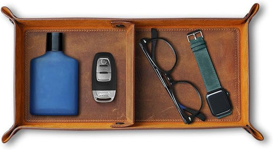 Handmade Leather Catch All Tray and Organizer for Keys, Phones, Jewels, Coins, Rectangular, Light Camel
