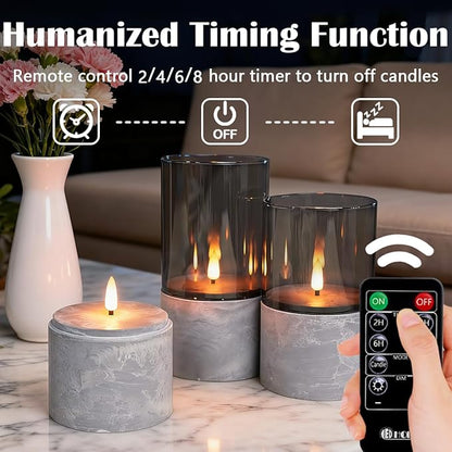 Rechargeable Marble Flameless Candles, Gray Glass LED Pillar Candle with Remote & Timer,Decorative Candles for Living Room, Bedroom, Holiday Décor & Gifts for Women,Set of 3