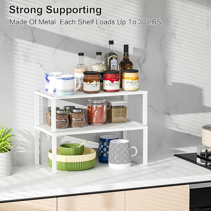15.75" Long Stackable Expandable Metal Shelf Organizer For Kitchen Cabinet Counter Storage, Set of 2 Small Metal Storage Shelves Spice Rack For Kitchen Cupboard Countertop,Sturdy, 30LBS Heavy Duty