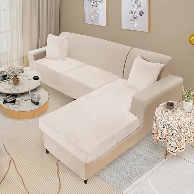 NAISI Sectional Couch Cover 3 Pieces Velvet Separate Couch Cushion Covers L Shape Soft Stretch Sofa Slipcovers with 2pcs Pillowcases for Left/Right Chaise Sectional Couch(2 Seater+1 Chaise,Beige)
