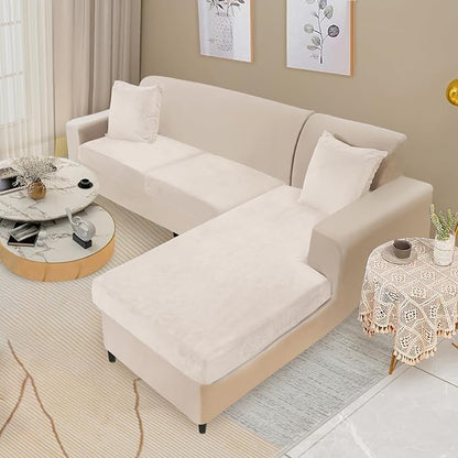 NAISI Sectional Couch Cover 3 Pieces Velvet Separate Couch Cushion Covers L Shape Soft Stretch Sofa Slipcovers with 2pcs Pillowcases for Left/Right Chaise Sectional Couch(2 Seater+1 Chaise,Beige)