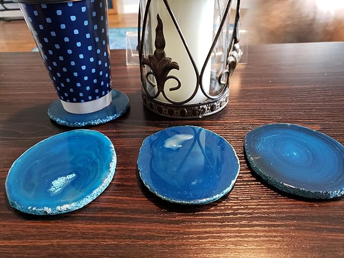 AMOYSTONE Blue Agate Coasters Set of 4, 3-3.5 Inch Stone Coasters with Rubber Bumpers, Valentine's Day Gift for Her, Modern Coffee Table Decor, Birthday Present