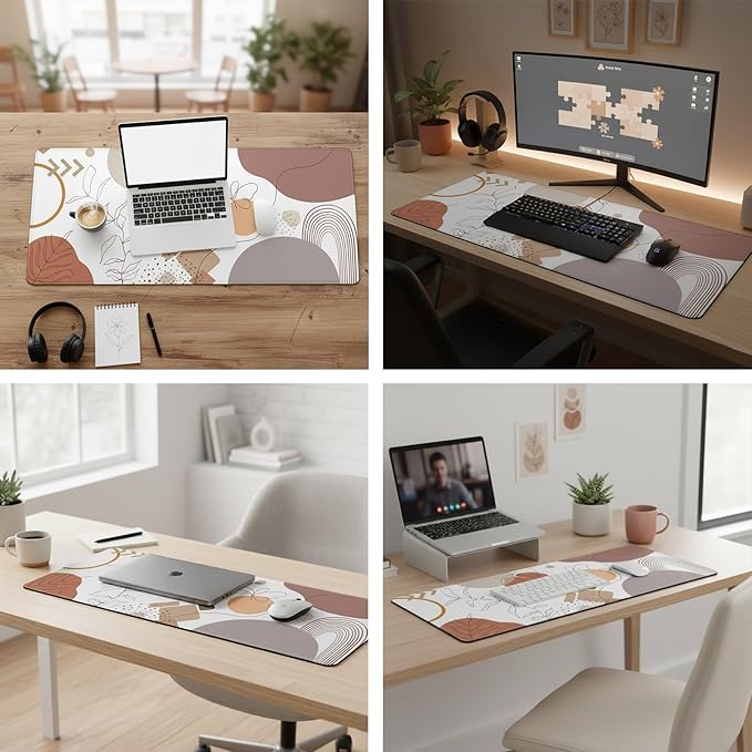 Boho Large Desk Mat (31.5 x 11.8 Inch), Abstract Minimalist Mouse Pad with Stitched Edges, Beige Terracotta Line Art Floral Keyboard Mat, Non-Slip Laptop Pad, Modern Home Office Decor