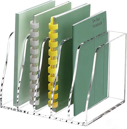 YUXUN Clear Acrylic File Folder Holder - 5 Vertical Compartments Desk Document Sorter, Upright Magazine Rack for Office/Home/Classroom, Stores Documents, Tablets, Magazines, Books & Accessories