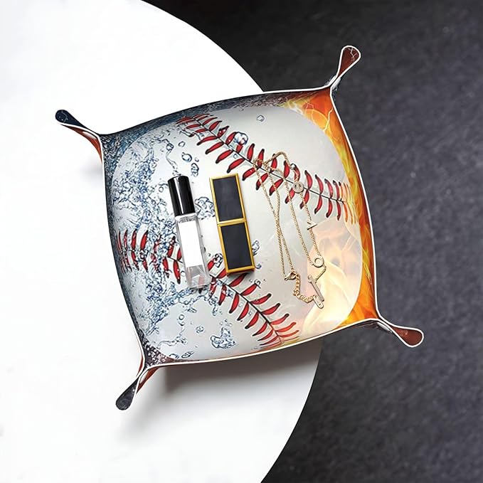 Valet Tray for Men Husband Boyfriend Boys – Catchall Bedside Vanity Tray, Nightstand Caddy Leather Holder for Keys, Phone, Wallet, Coins, Trinkets & Jewelry Water Fire Baseball 007
