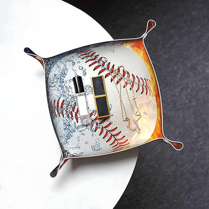 Valet Tray for Men Husband Boyfriend Boys – Catchall Bedside Vanity Tray, Nightstand Caddy Leather Holder for Keys, Phone, Wallet, Coins, Trinkets & Jewelry Water Fire Baseball 007