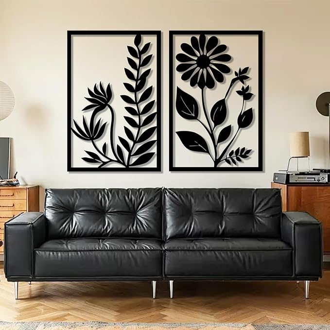 Hotuijxca Black Abstract Flower Metal Wall Art, Metal Floral Minimalist Line Art, Flowers Line Wall Art for Livingroom, Bedroom (Silver, 19"x26"/47x62cm, metal wall art)