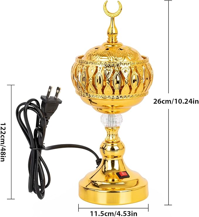 Golden Electric Incense Burner, Arabian Style Frankensense Electric Incense Holder with US Plug, Middle Eastern Tabletop Decorative Censer for Yoga Spa Home Office Christian Church Decor