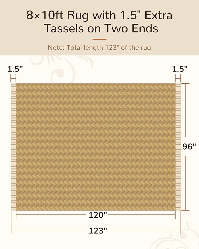 BESTSWEETIE 8x10 Washable Rug Hand-Woven Low Pile Soft Modern Farmhouse Bohemian Decor Reversible Braided Rugs with Tassels Throw Carpet for Living Room Bedroom Entryway Bathroom, Natural Jute