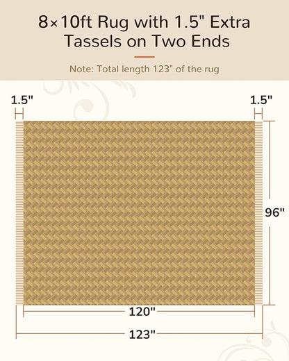 BESTSWEETIE 8x10 Washable Rug Hand-Woven Low Pile Soft Modern Farmhouse Bohemian Decor Reversible Braided Rugs with Tassels Throw Carpet for Living Room Bedroom Entryway Bathroom, Natural Jute