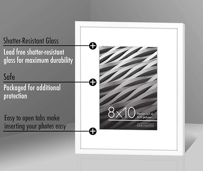 Americanflat 8x10 Picture Frame with Shatter-Resistant Glass - Use as 5x7 Frame with Mat or Display 8x10 Photo Without Mat - Streamline Collection - Picture Frames for Tabletop and Wall - White