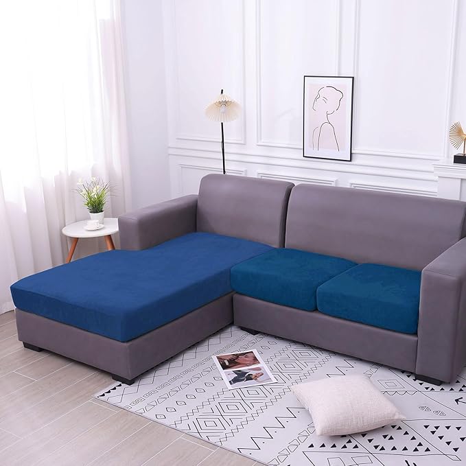 hyha Velvet Couch Cushion Covers, Stretch Chaise Lounge Sectional Couch Seat Covers L Shape for Sectional Sofa, Soft Sofa Cushion Slipcover Washable with Elastic Bottom(XL Chaise, Royal Blue)