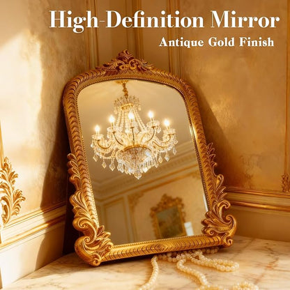 YUSONG Vintage Gold Mirror for Desk - 12" Vanity Mirrors with Resin Frame Decorative Wall Art for Tabletop Living Room Retro Decor