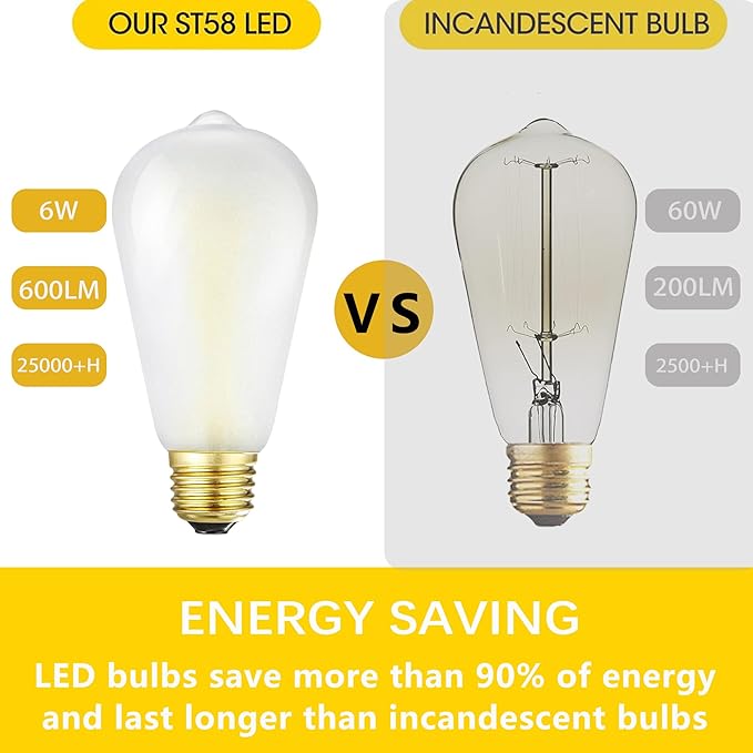 E26 Frosted LED Edison Bulbs, 6W Equivalent 60W, Warm White 2700K,600LM,AC120V, ST58 Dimmable Antique LED Filament Bulbs with 90+ CRI,Pack of 6 (6W=60W Warm White)