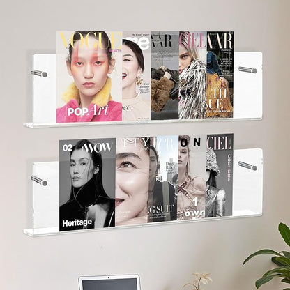 2 Pack Acrylic Magazine Holder, Wall Mounted Magazine Rack Floating Bookshelf for Waiting Room, Living Room, Office, Home (Clear, 24 Inch)