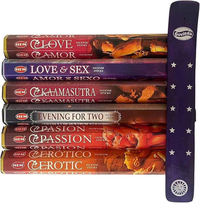 Hem Incense Sticks Variety Pack #3-120 Insence-Sticks (6 Incents x 20 Insense) and Incense Stick Holder Bundle with 6 Love Themed Fragrances