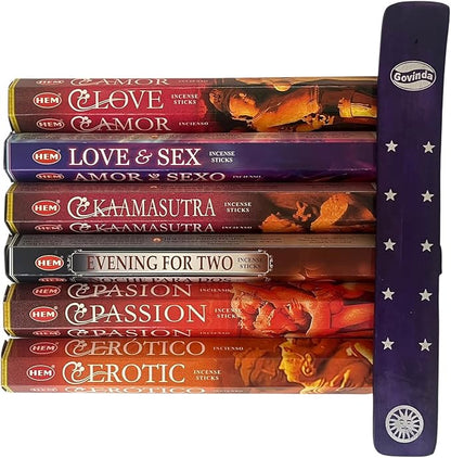 Hem Incense Sticks Variety Pack #3-120 Insence-Sticks (6 Incents x 20 Insense) and Incense Stick Holder Bundle with 6 Love Themed Fragrances