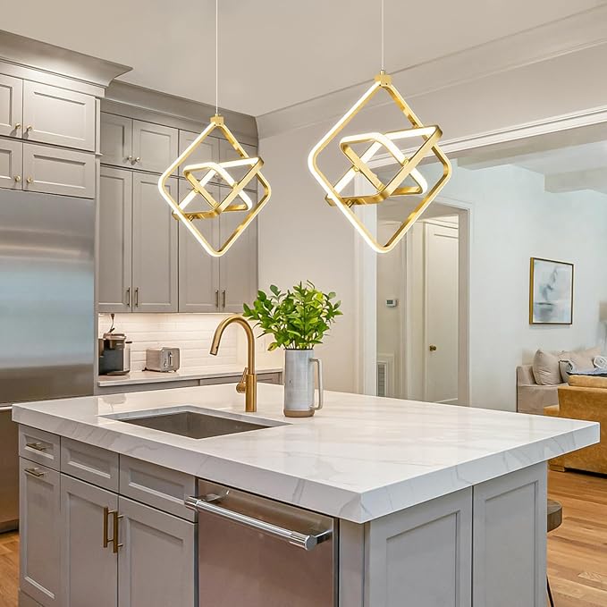 Modern LED Pendant Light Gold Pendant Lights 4000K 35W Dimmable Height Adjustable Pendant Lighting Rectangle Chandelier for Kitchen Island Dining Room Bedroom Living Room Foyer（3-Ring）