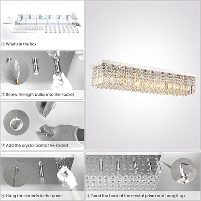 Siljoy Modern Crystal Chandelier 10-Lights Rectangular Flush Mount Pendant Ceiling Light Fixture Rectangle K9 Crystal Raindrop Chandelier for Dining Living Room Kitchen Island L47'' x W10'' x H10'