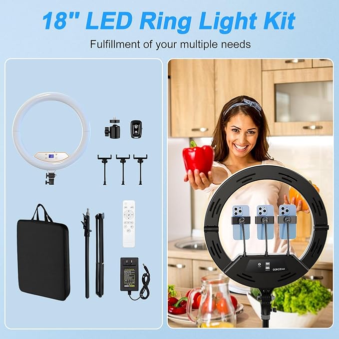 18 inch Ring Light with Stand+10 inch Light,Foldable Large Ring Light for ipad iPhone,LCD Display/4 Clips/2 USB Ports,2700-6500K with Tripod for Tattoo Lash Barber Makeup Photography Lighting