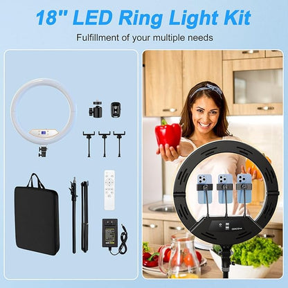 18 inch Ring Light with Stand+10 inch Light,Foldable Large Ring Light for ipad iPhone,LCD Display/4 Clips/2 USB Ports,2700-6500K with Tripod for Tattoo Lash Barber Makeup Photography Lighting