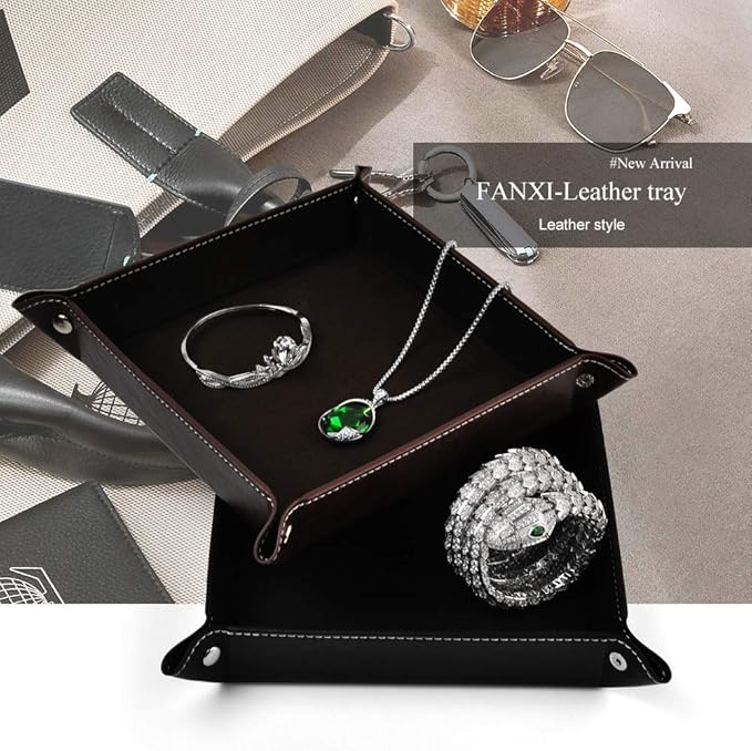 Oirlv Premium Leather Valet Tray for Men Jewelry Organizer, Desktop Storage,Key Wallets Cell Phones Catchall Tray Nightstand or Dresser Organizer Plate (Coffee)