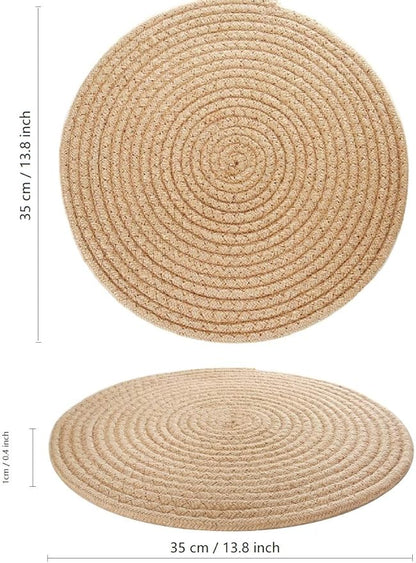 Jute Woven Placemats, Set of 4 Round Braided Tablemats Natural Jute Rope Large Plate Chargers Handmade Woven Placemats Heat Resistant Non-Slip Potholder for Dining Table (13.8 inch)