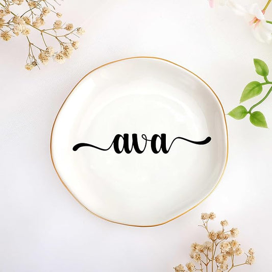 JoycuFF Ava Personalized Name Ceramic Jewelry Tray, Mothers Day Christmas Anniversary Engagement Birthday Gifts for Women Couples, Trinket Dish for Rings Earrings Necklaces Bracelets Keys