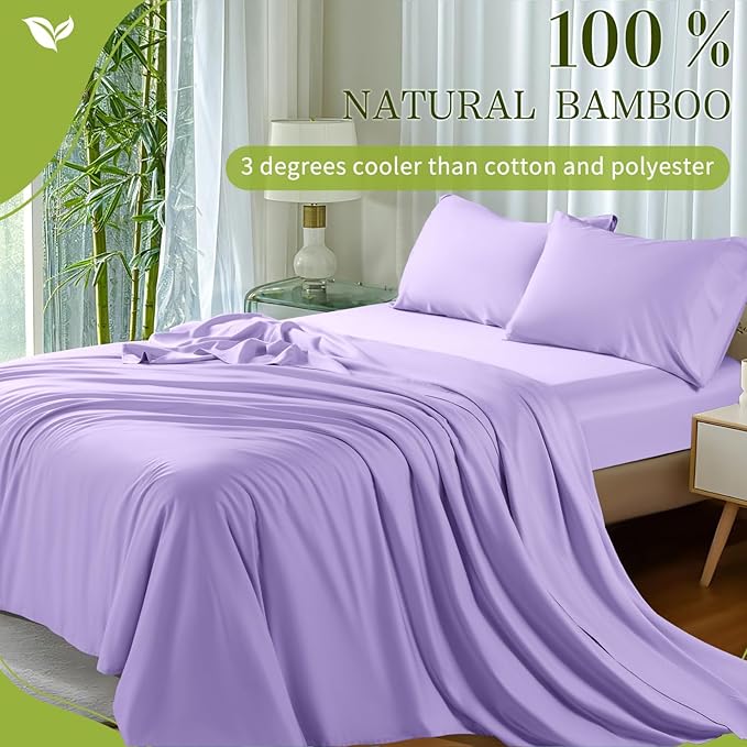 Shilucheng 100% Viscose Derived from Bamboo_ Sheets King Size 4pcs - Ultra Cooling & Silky Soft Bed Sheets, 16" Deep Pocket, Perfect for Hot Sleepers, Hotel Bedding Sheets (Lilac)