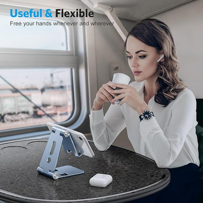 OMOTON Foldable Cell Phone Stand, C4 Portable Aluminum Phone Holder, Adjustable Phone Dock Cradle Compatible with iPhone 17/16/15 Pro Max Air, Samsung Galaxy, Small Tablets, Smart Phones, Light Blue