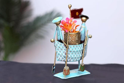 Handmade Metal Boat Pen Stand for Desk – Artistic Tribal Pen Holder Organizer for Office & Home Décor – Decorative Tabletop Accessory for Stationery Storage (Turquoise & Gold)