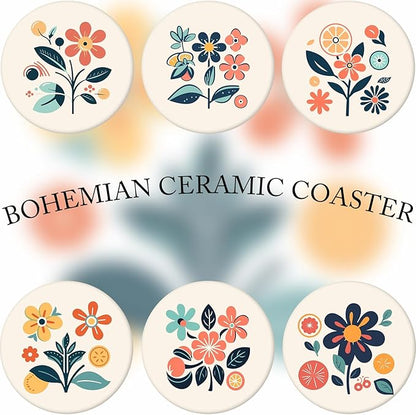 Boho Set of 6 Coasters for Drinks Absorbing Round Ceramic Stone Coaster with Cork Base,Tabletop Protection Mat for Mugs and Cups,Office,Kitchen (Boho Flower)