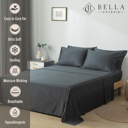 Bella Coterie 6 Piece Luxury Bamboo Viscose Split Top King Size Sheet Set | 34" Split for Adjustable Beds | 100% Organically Grown| Cooling | 18” Deep Pocket | 4 Pillowcases [Charcoal Grey]