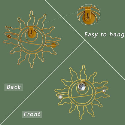 Manortang 9 Inch Metal Golden Wall Decor Abstract Sun Moon Star Wall Art Embelished Mystical Planet Indoor Outdoor Circle Wall Decorations for Bedroom Living Room Office Kitchen Bathroom Party 3pcs