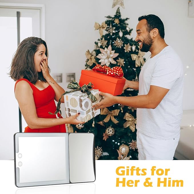 Large 2-in-1 Led Car Vanity Mirror with 20X Strong Magnification,10" Sun Visor Mirror with 3-Color Dimmable Rechargeable LED Lights,Car Makeup Mirrors with Secure Reinforced Flexible Mount