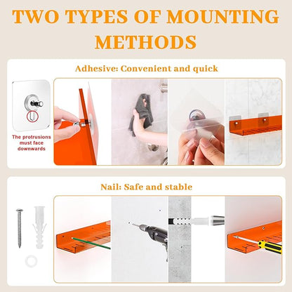 4 Pack Floating Shelves –15'' Orange Acrylic/PET Wall-Mounted No Drill Storage with Adhesive, Bathroom & Bedroom Shelving for Kitchen, Living Room, Home Decor