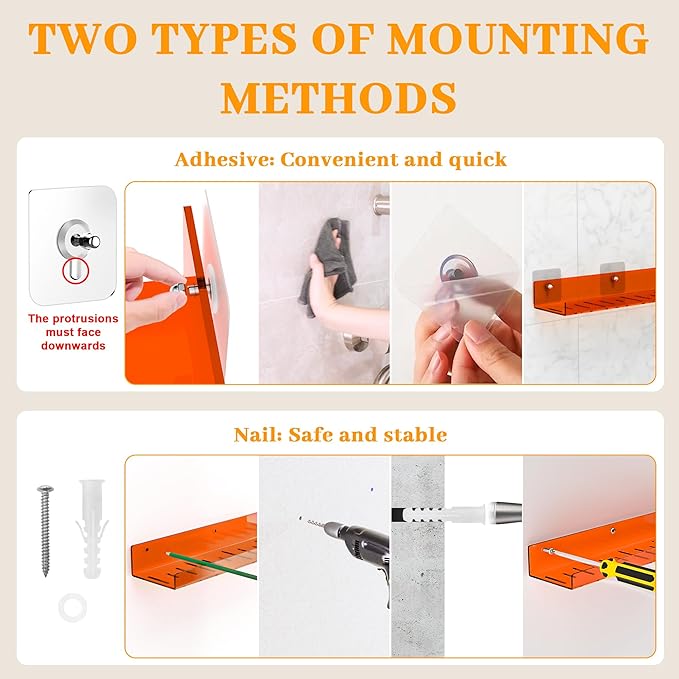 6 Pack Floating Shelves –15'' Orange Acrylic/PET Wall-Mounted No Drill Storage with Adhesive, Bathroom & Bedroom Shelving for Kitchen, Living Room, Home Decor