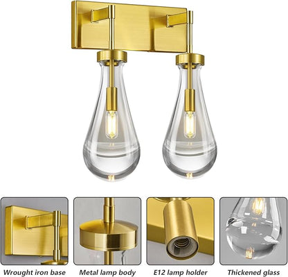 Raindrop Wall Sconces Gold Crystal Sconces Wall Decor Modern Lighting Glass Bathroom Sconces Indoor Vanity Light Wall Lamp for Bedroom Living Room Stair(2-Light)