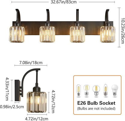 4-Light Crystal Vanity Light, Modern Black Bathroom Wall Sconce with K9 Crystal Shades, 32.67" Long Over Mirror Lighting for Vanity, Makeup, Hallway, Elegant & Easy Install