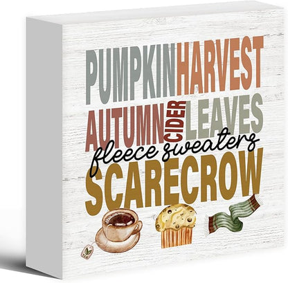 Autumn Harvest Pumpkin Decor Wood Box Sign Desk Decor, Cozy Fall Seasonal Decor, Farmhouse Fall Leaves Wooden Block Sign Decorations for Home Bedroom Kitchen Wall Tabletop Shelf Decor