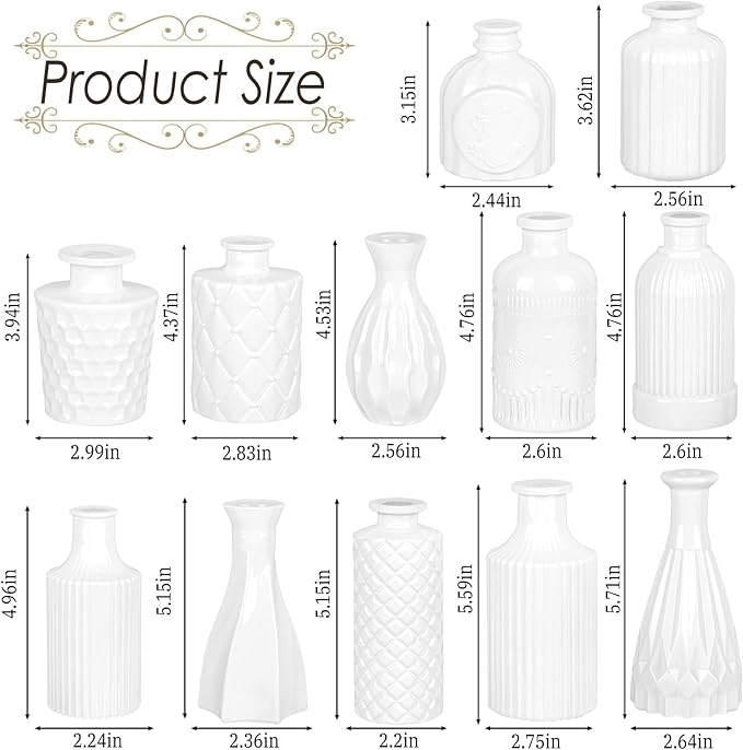 White Glass Bud Vases Set of 12, Mini Flower Vase for Centerpieces, Small Vases in Bulk for Wedding Decoration, Vintage Vase for Baby Shower Centerpieces, Home Décor