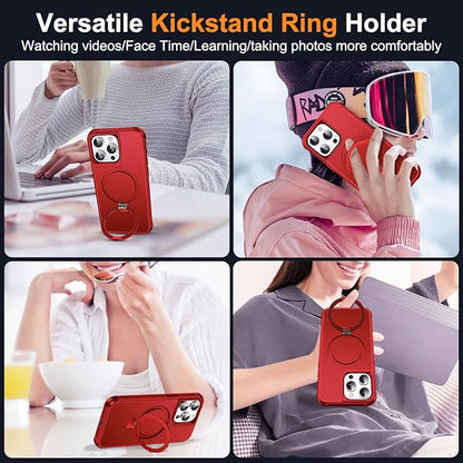 Compatible with iPhone 15 Pro Case with Invisible Magnetic O-Ring Stand Military-Grade Case for iPhone 15 Pro 6.1" [Compatible with Mag-Safe][Great Grip Feeling], Red