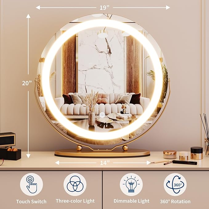 Garvee 19 in Vanity Mirror with Led Lights, Large Round Makeup Mirror with Touch Control and 3 Color Lighting Modes, Round Vanity Mirror for Bedroom, Tabletop, Living Room, Easy to Install, Gold